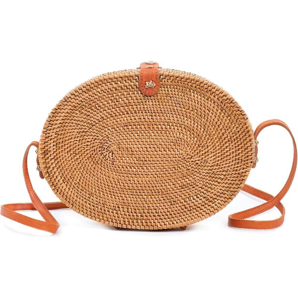 Round Rattan Bag Women Handmade Wicker Purse Boho Straw Shoulder Crossbody